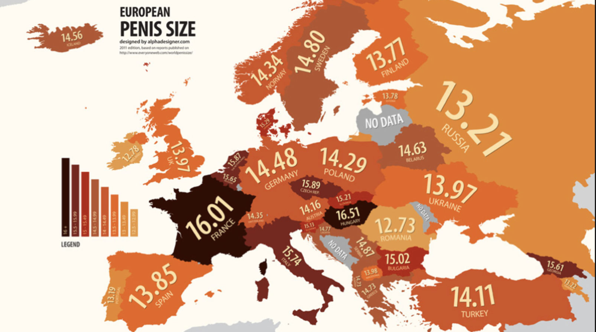 карта средней длины пенисов в европе