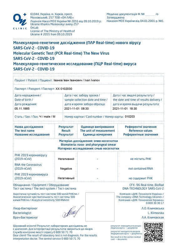 Сертифікат негативного результату тесту на плр