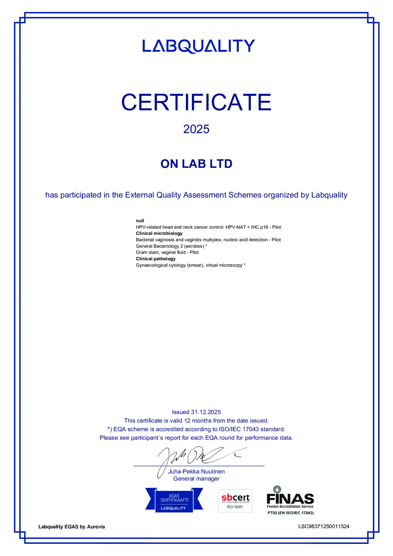 Сертифікат оцінки якості «LABQUALITY»